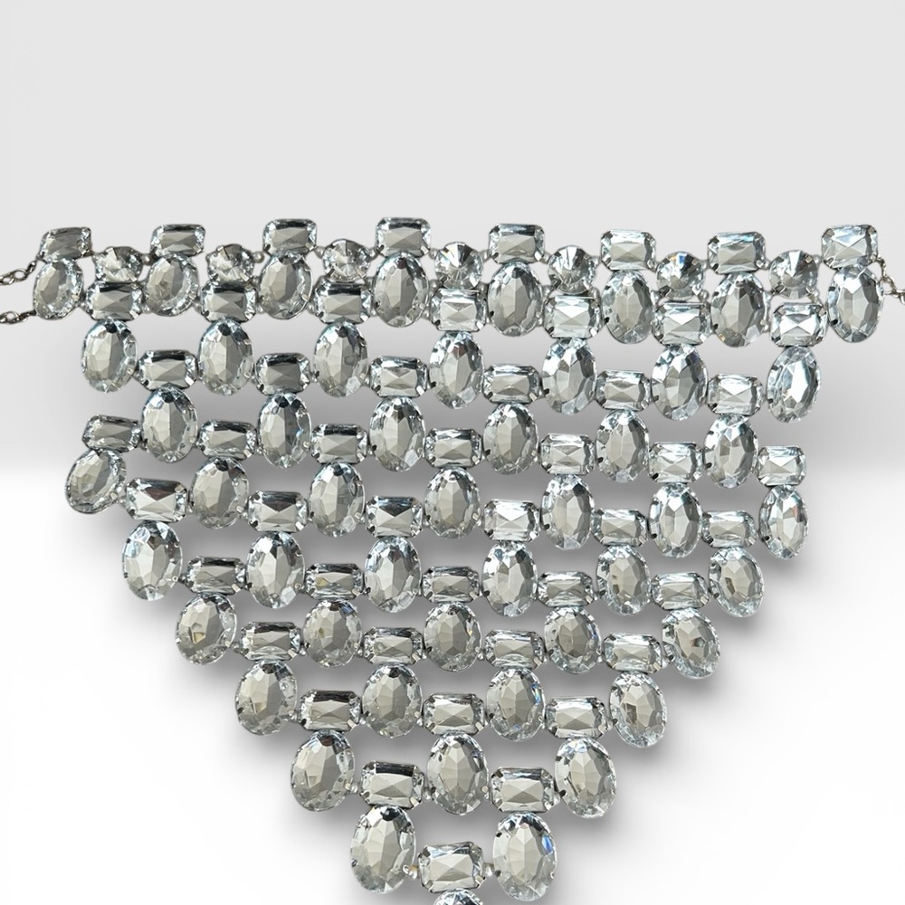 Glam Bold Clear Rhinestone Choker Bib Statement Necklace Silver Tone NWOT - Picture 2 of 10
